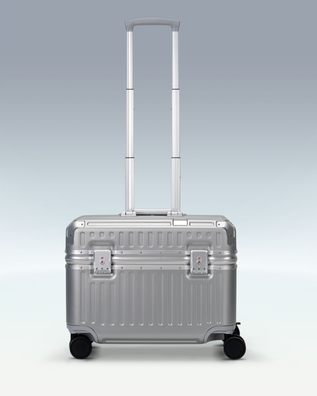 Portar Concord EdgeFrame pilot carry-on luggage in Lunar Silver, front view with the telescoping handle extended