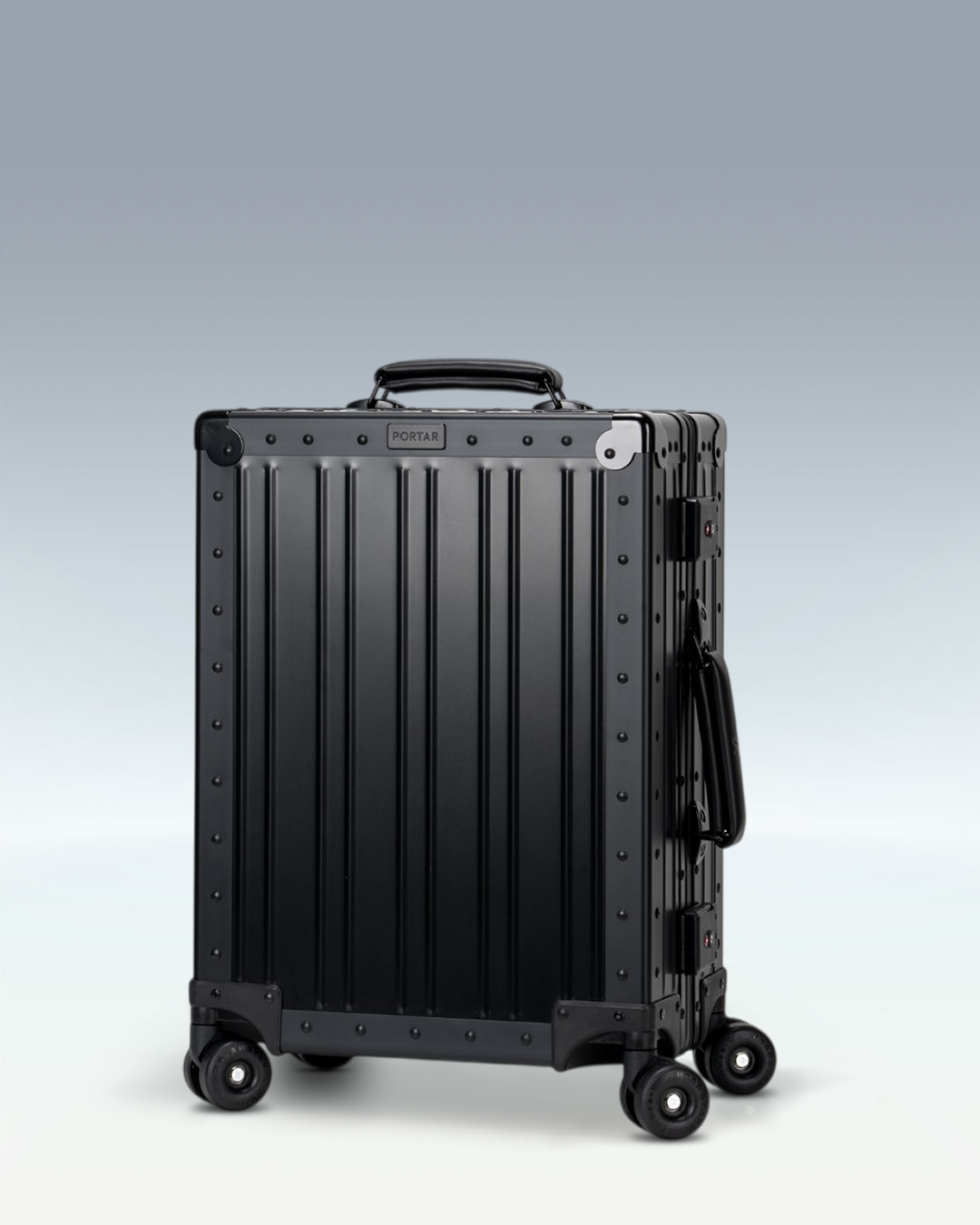 Portar Lucent aluminum carry-on luggage in Jet Black, three-quarter front view
