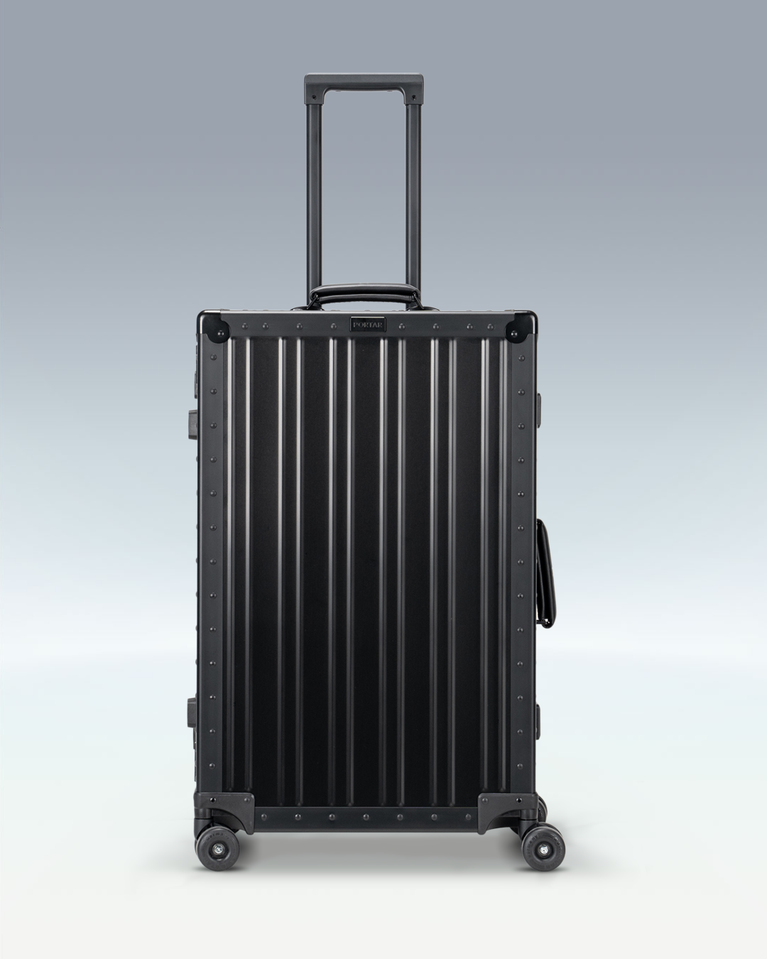 Portar Lucent aluminum checked luggage in Jet Black, front view with the telescoping handle extended