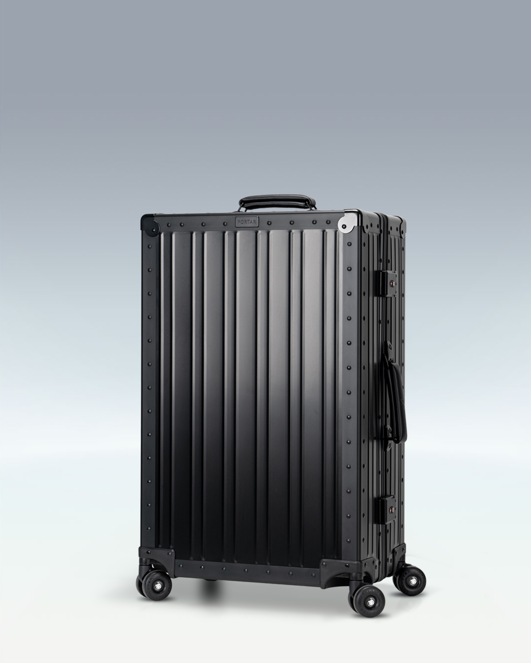 Portar Lucent aluminum checked luggage in Jet Black, three-quarter front view