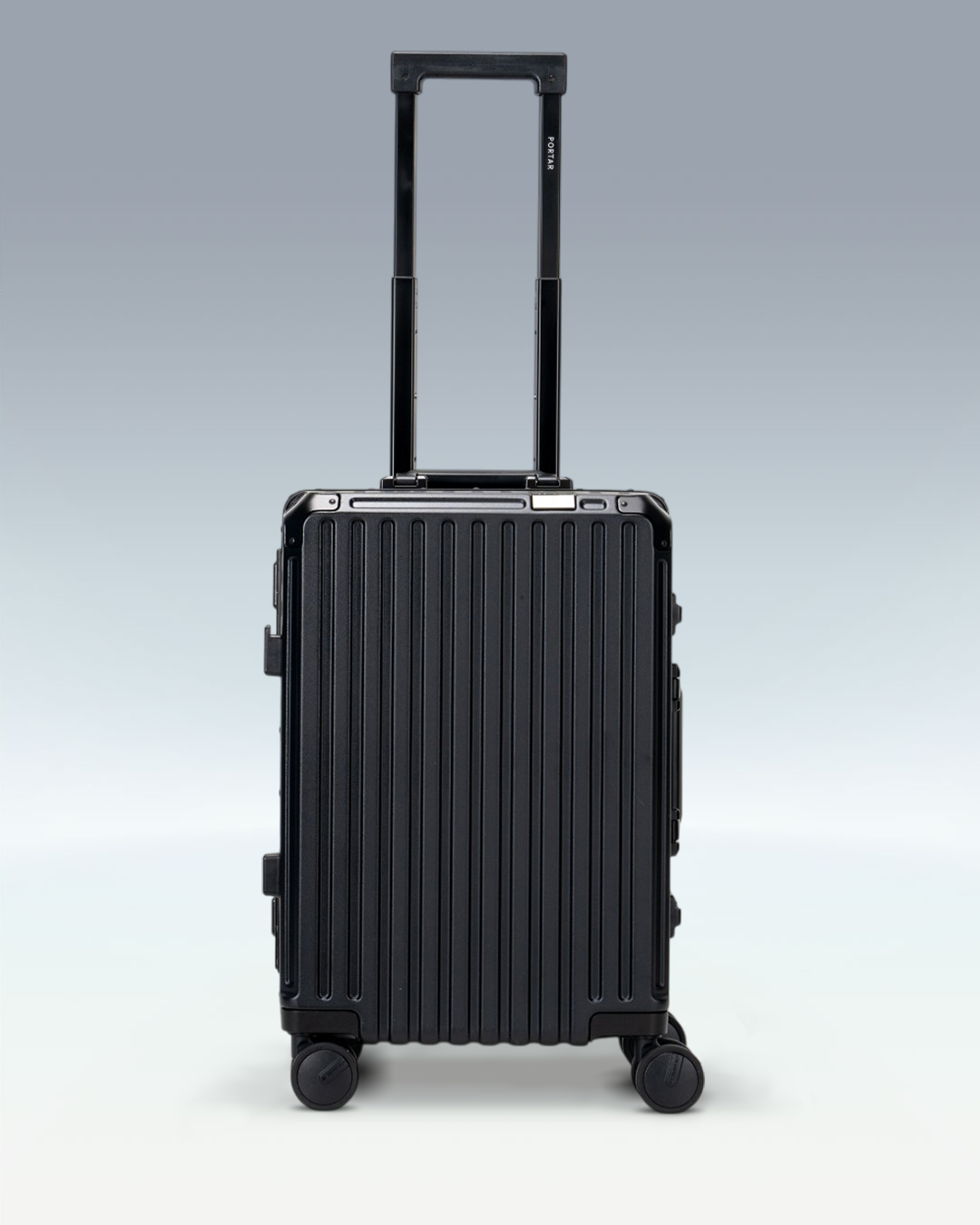 Portar Valence EdgeFrame carry-on luggage in Jet Black, front view with the telescoping handle extended