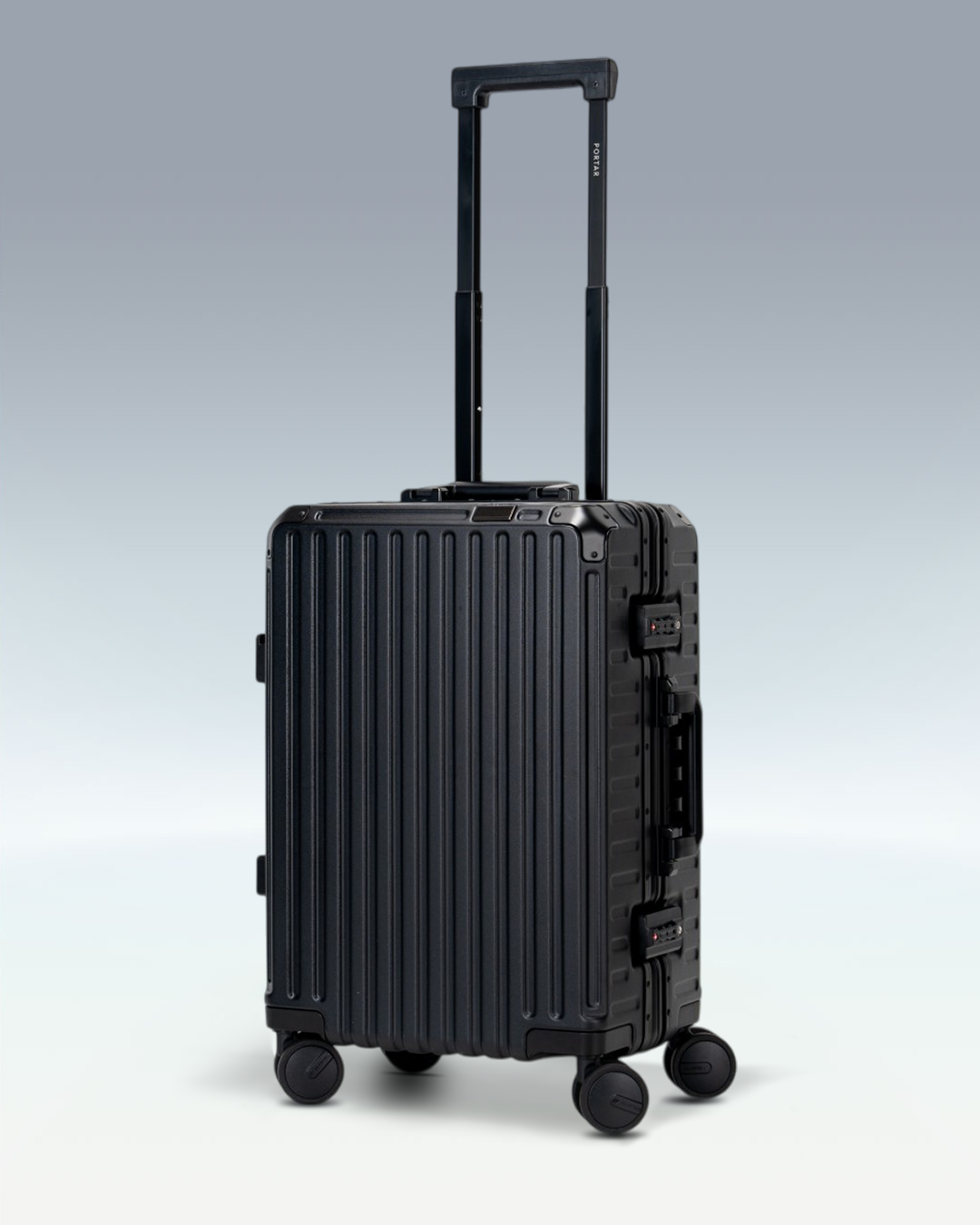 Portar Valence EdgeFrame carry-on luggage in Jet Black, three-quarter view with the telescoping handle extended