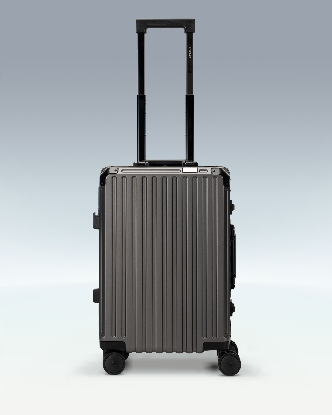 Portar Valence EdgeFrame carry-on luggage in Dark Gull Gray, front view with the telescoping handle extended