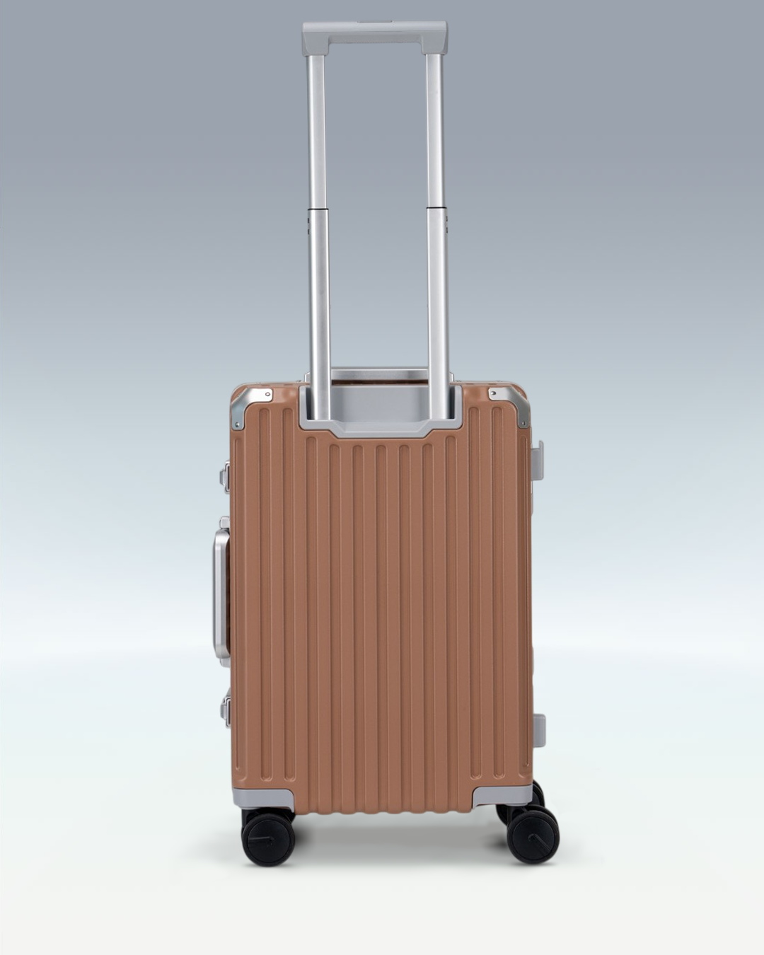 Portar Valence EdgeFrame carry-on luggage in Mocha Mousse Brown, back view with the telescoping handle extended