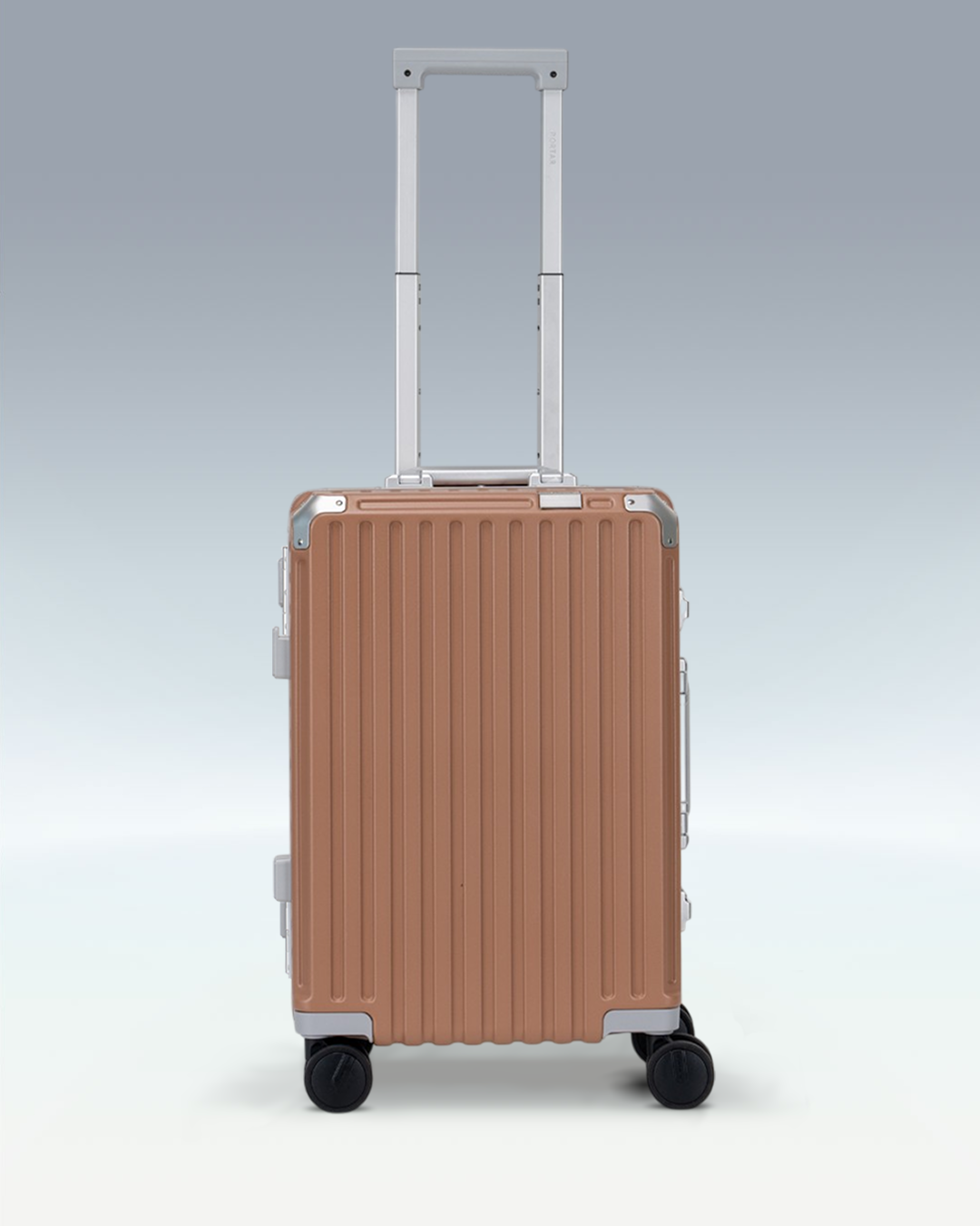 Portar Valence EdgeFrame carry-on luggage in Mocha Mousse Brown, front view with the telescoping handle extended