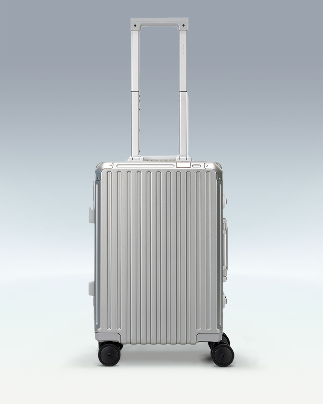 Portar Valence EdgeFrame carry-on luggage in Lunar Silver, front view with the telescoping handle extended