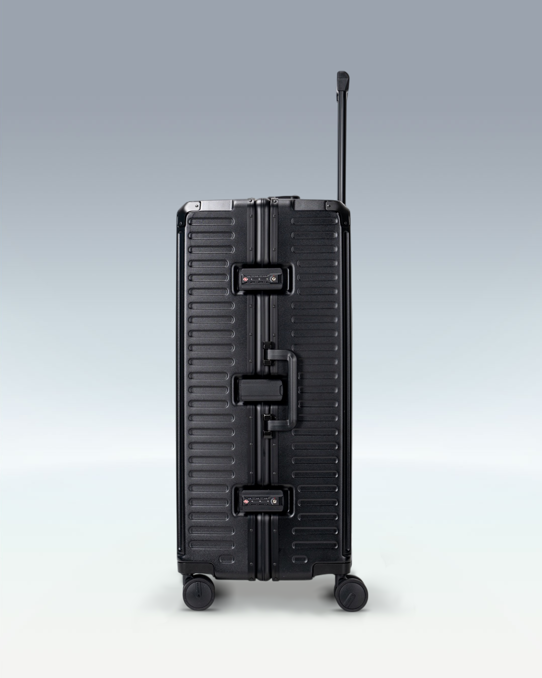 Portar Valence EdgeFrame checked luggage in Jet Black, side view showing the TSA-approved combination locks