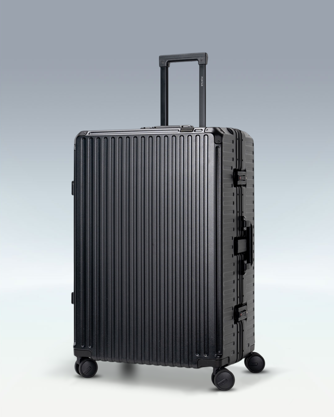 Portar Valence EdgeFrame checked luggage in Jet Black, three-quarter view with the telescoping handle extended