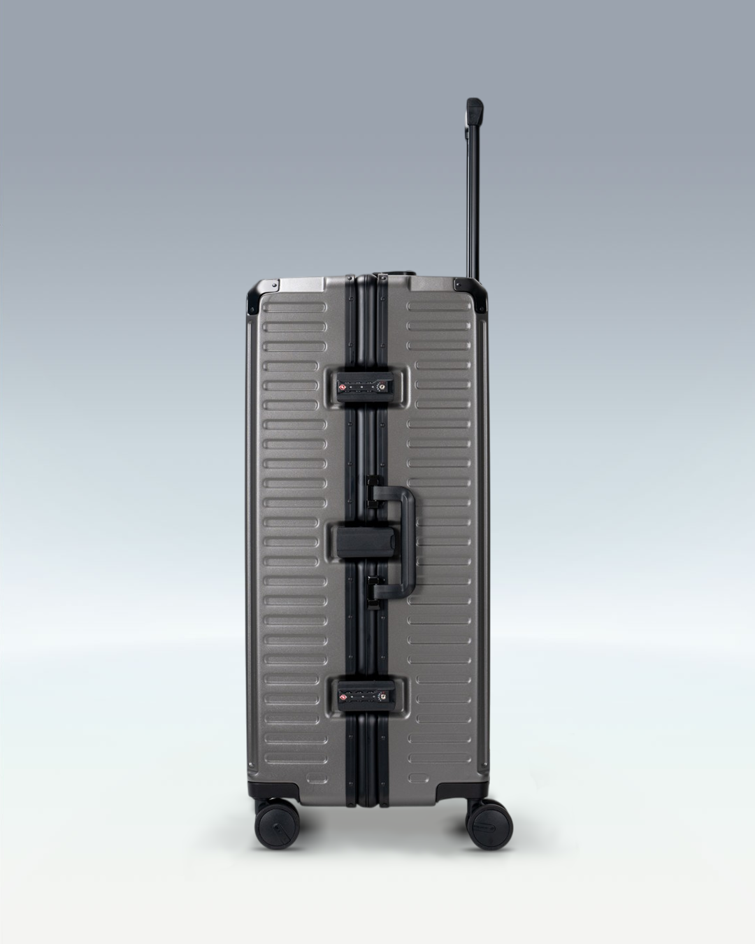Portar Valence EdgeFrame checked luggage in Dark Gull Gray, side view showing the TSA-approved combination locks