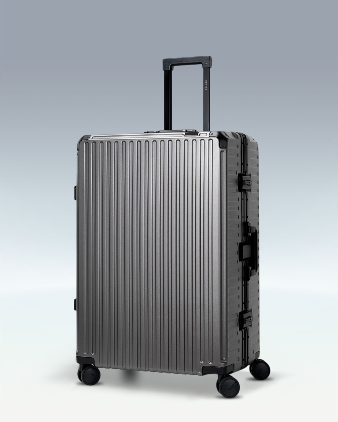 Portar Valence EdgeFrame checked luggage in Dark Gull Gray, three-quarter view with the telescoping handle extended