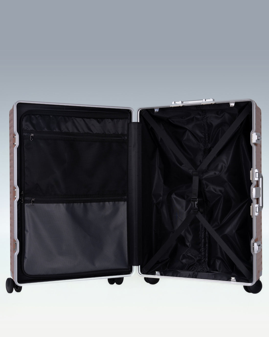 Portar Valence polycarbonate shell with aluminum EdgeFrame luggage in Mocha Mousse Brown, opened, showing the black interior