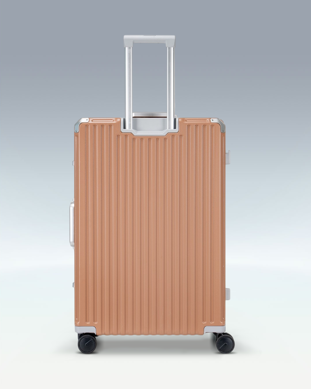 Portar Valence EdgeFrame checked luggage in Mocha Mousse Brown, back view with the telescoping handle extended