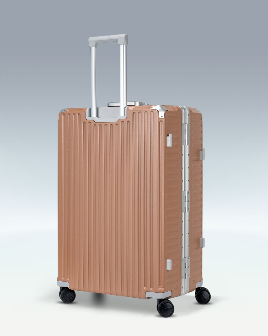 Portar Valence EdgeFrame checked luggage in Mocha Mousse Brown, angled side view with the telescoping handle extended