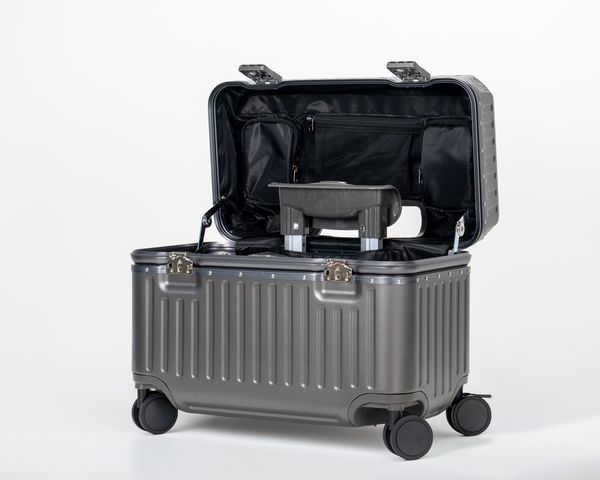 Portar Concord pilot carry-on suitcase in Dark Gull Gray, top-open view, polycarbonate shell with aluminum EdgeFrame