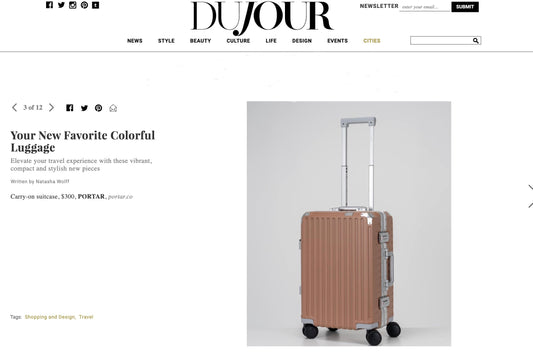 The Aluminum EdgeFrame™ Carry-On in Mocha Mousse, Featured in DuJour's Favorite Colorful Luggage