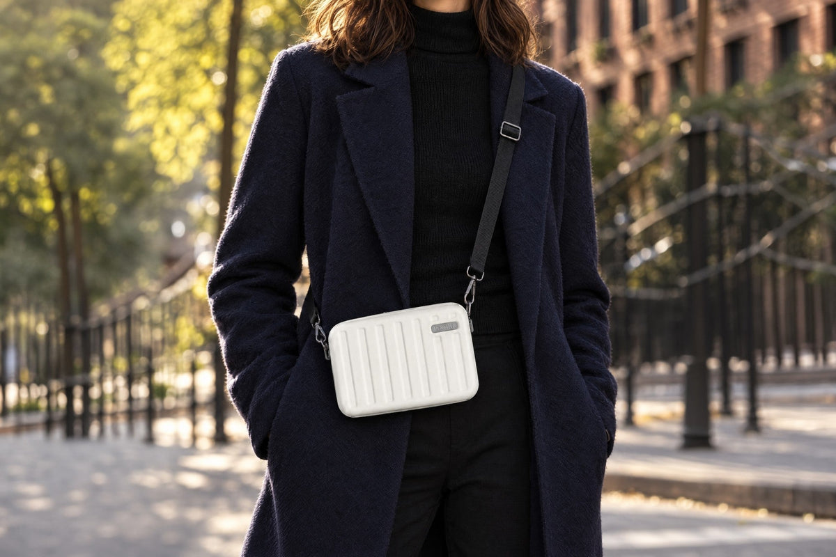 Woman wearing the Portar Solace crossbody bag in Cloud Dancer White over a navy coat on a city street
