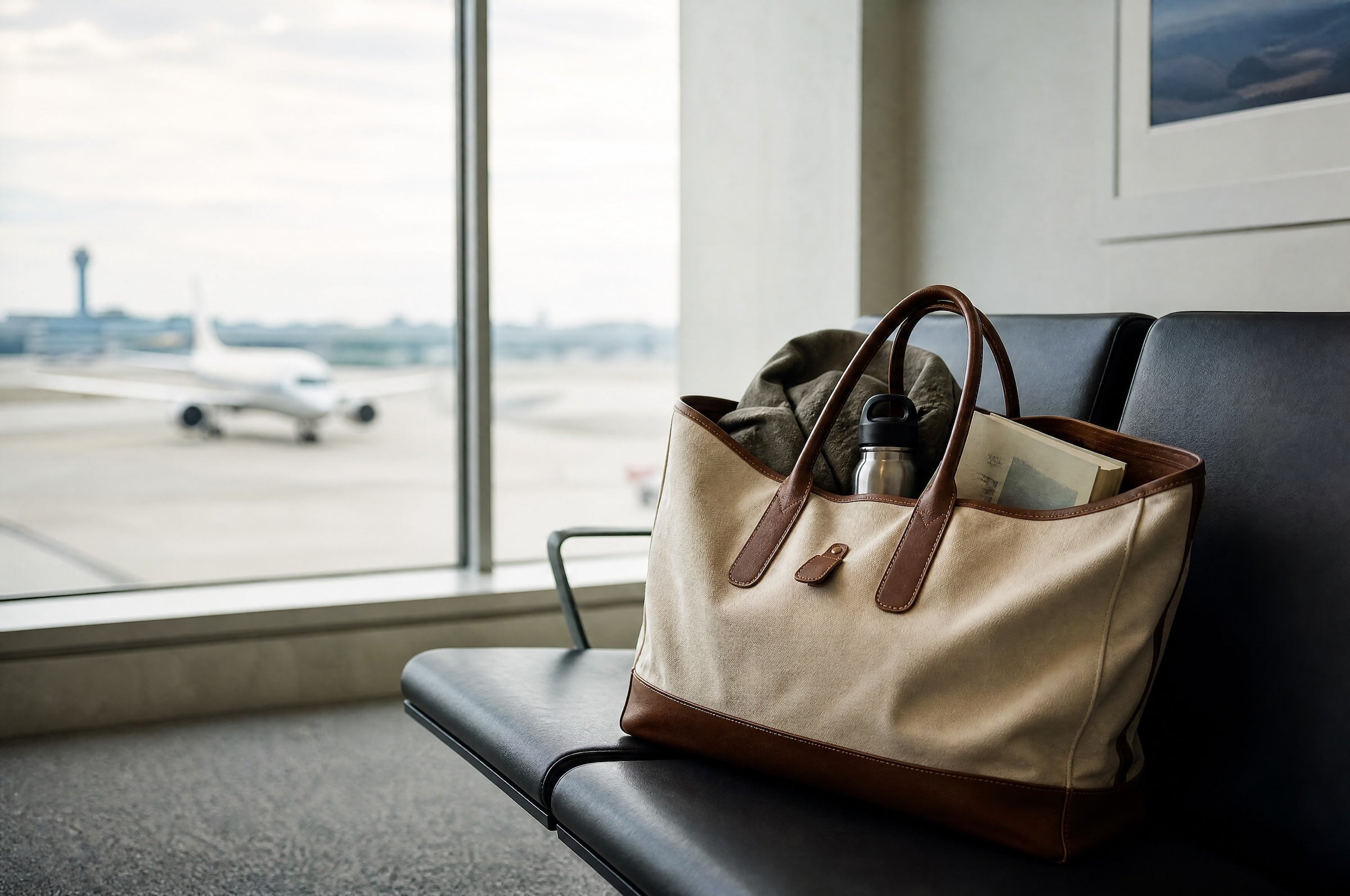 A canvas and leather travel tote on an airport gate bench holding a layer, water bottle, and book, with a plane on the tarmac through the window.