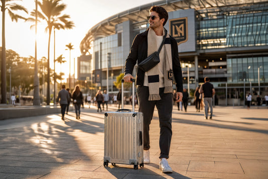 A traveler rolls a silver aluminum Portar carry-on through a sunlit stadium plaza on match day, with a scarf and crossbody bag over the shoulder.
