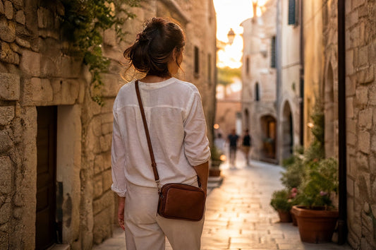 A traveler walks a sunlit old-town stone street wearing a small brown leather crossbody bag, hands free.