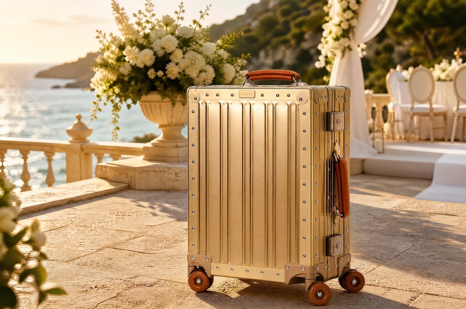 A Champagne Gold aluminum Portar Lucent carry-on on a sunlit seaside wedding terrace with white florals and set tables.