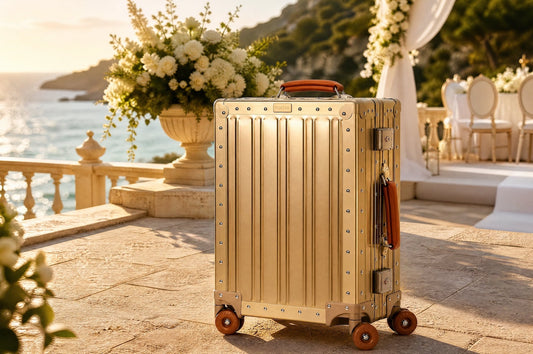 A Champagne Gold aluminum Portar Lucent carry-on on a sunlit seaside wedding terrace with white florals and set tables.