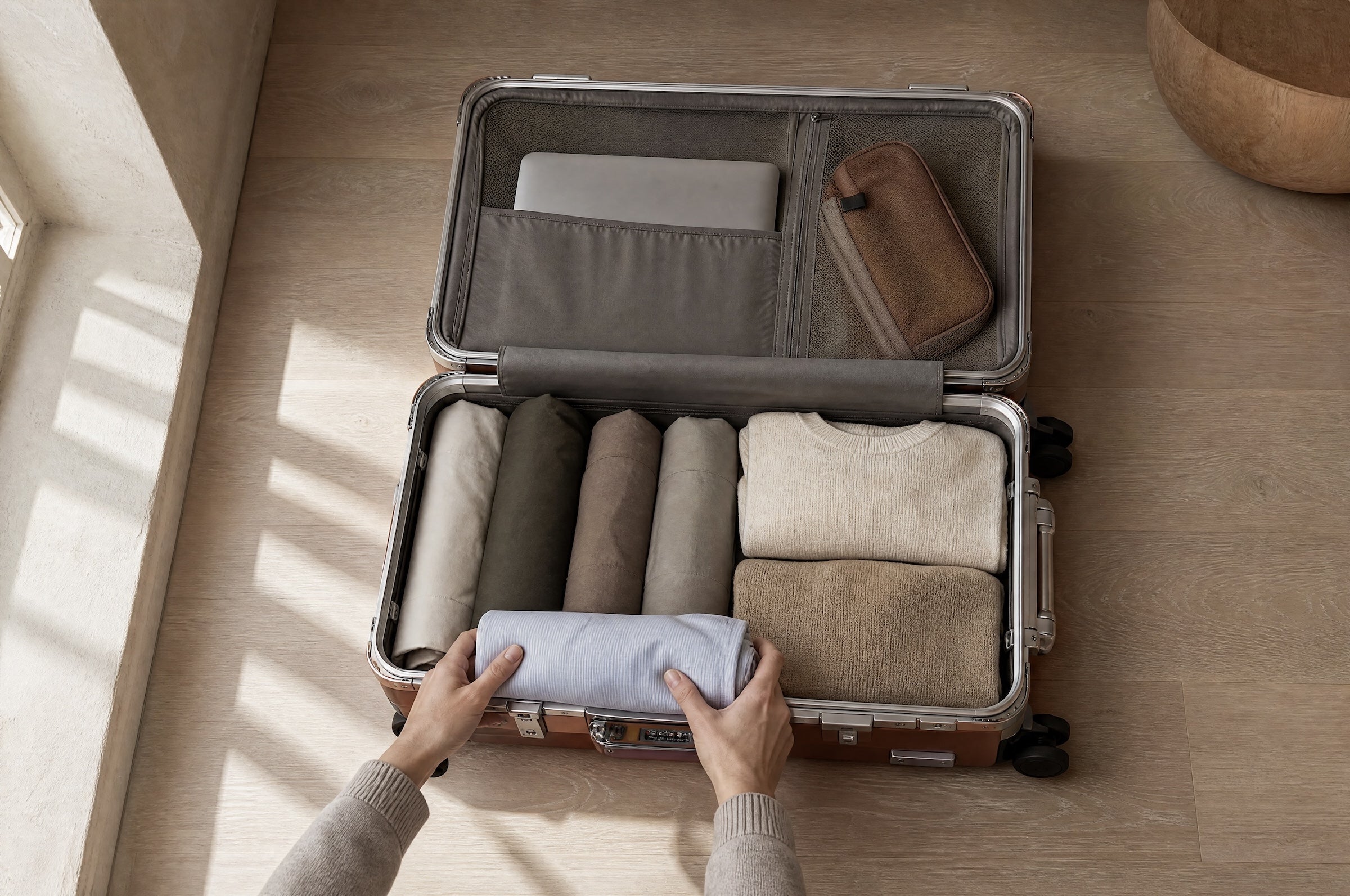 Overhead view of an open aluminum Portar carry-on on a sunlit oak floor, packed with rolled and folded clothing and a laptop sleeve in the lid, as hands place a final rolled shirt.