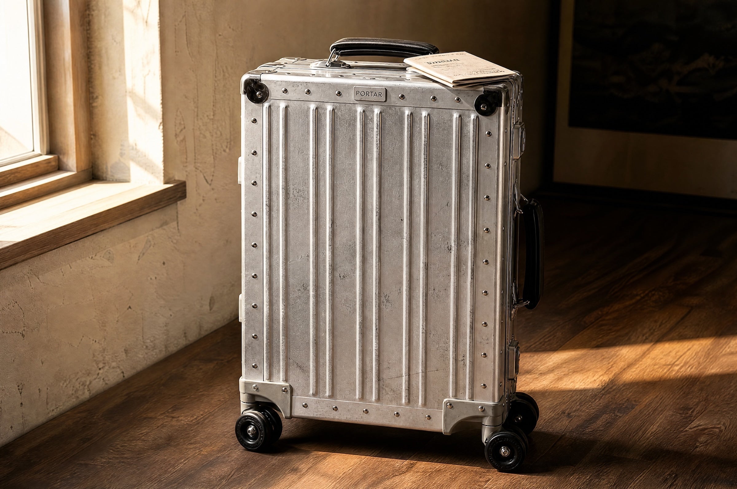 A patinated Lunar Silver aluminum Portar Lucent carry-on stands by a window on a wood floor, its shell marked with the wear of years of use.