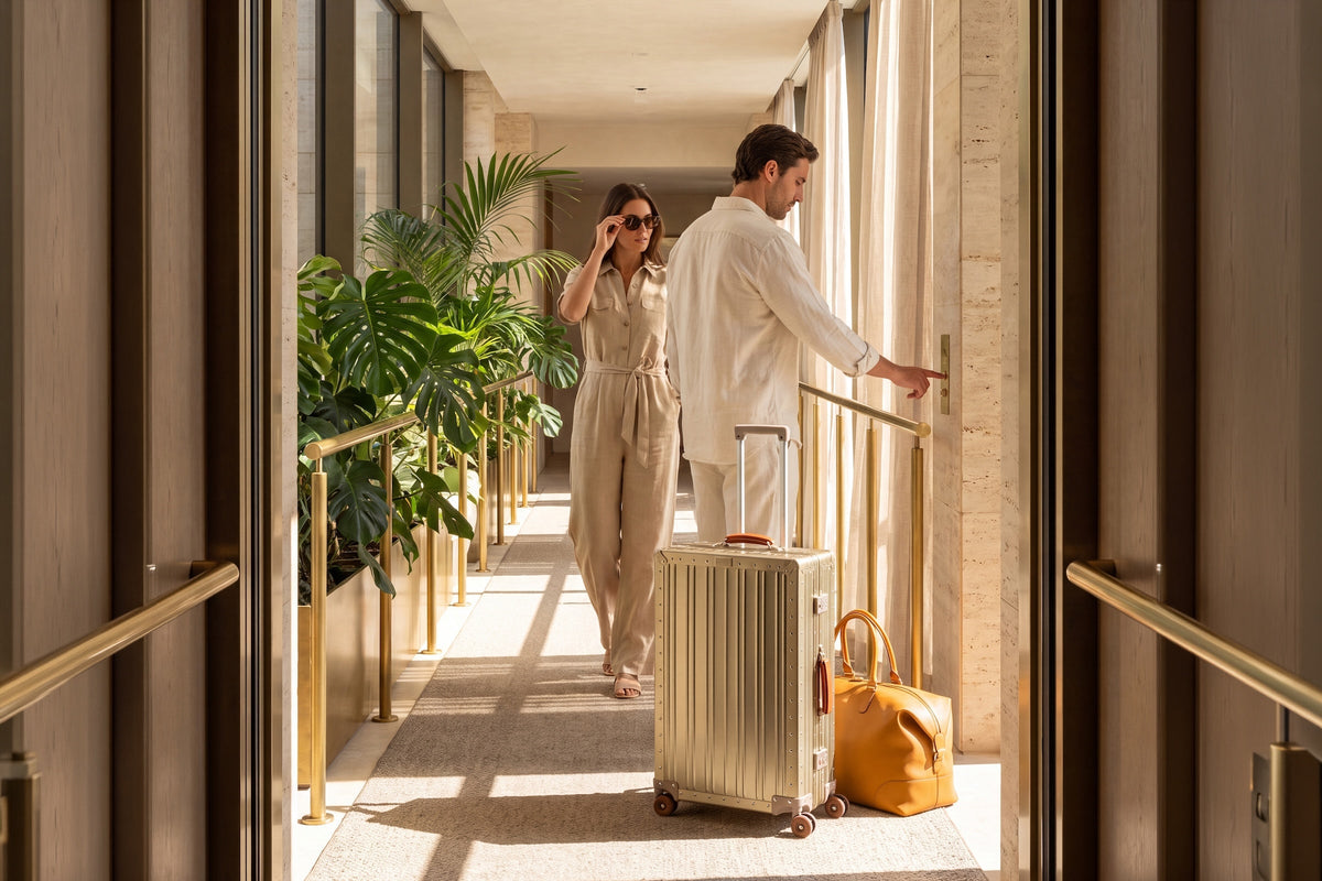 A man and a woman in neutral-toned clothing walk through a sunlit hotel corridor beside a Portar Aluminum Gold suitcase, with a mustard yellow tote bag hanging from the handle.