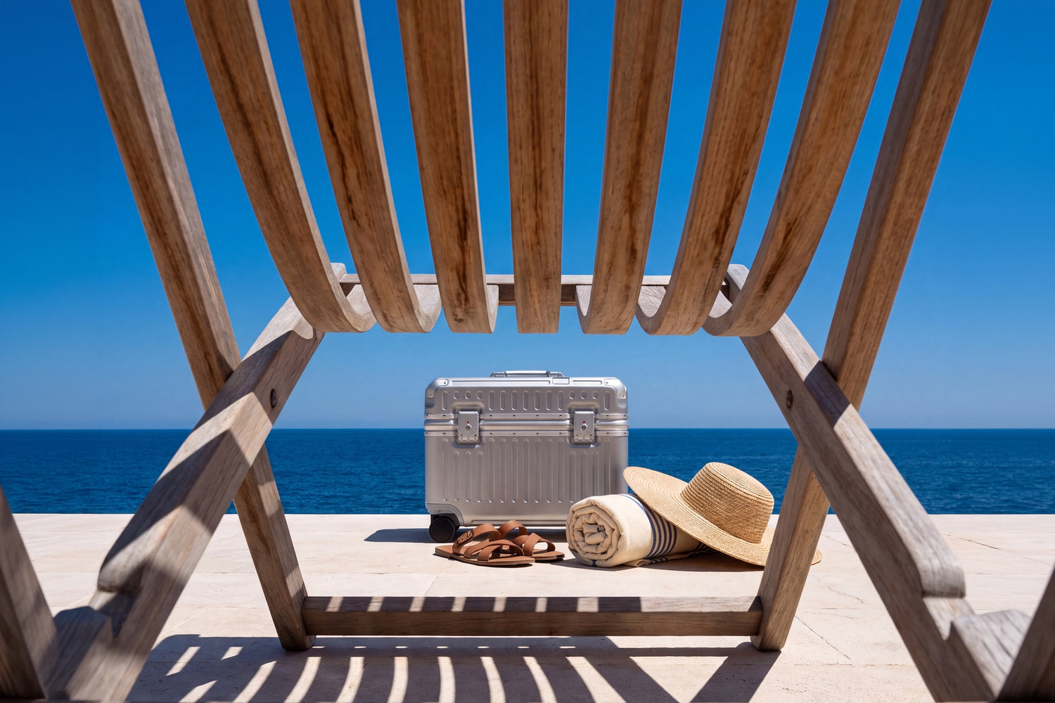 A silver Portar Concord top open suitcase sits on a sunlit deck with a blue ocean and sky behind it. A wooden lounge chair frame surrounds the scene, with a straw hat, rolled towel, and sandals placed near the case.