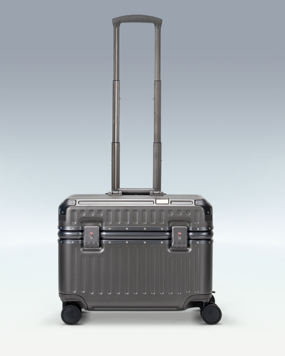 Portar Concord EdgeFrame pilot carry-on luggage in Dark Gull Gray, front view with the telescoping handle extended