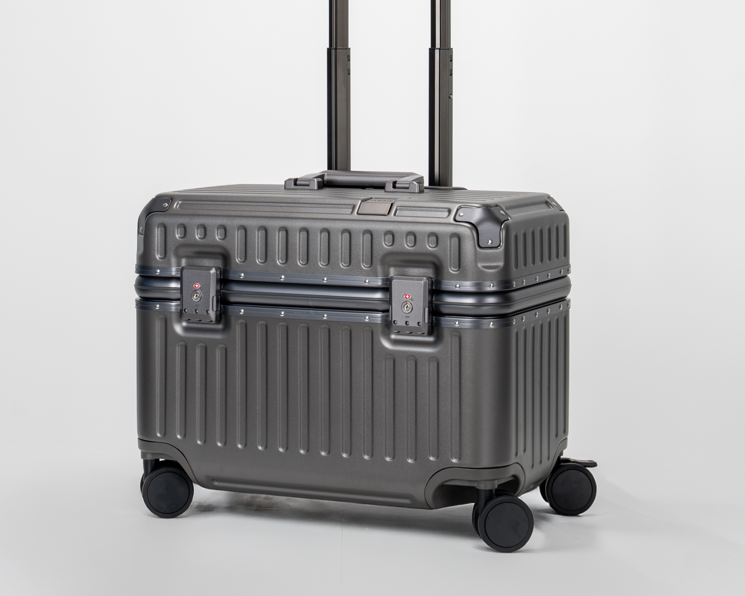 Concord Dark Gull Gray Polycarbonate Shell with Aluminum EdgeFrame Top-Access Pilot Carry-On Suitcase Perspective with Handle View by Portar