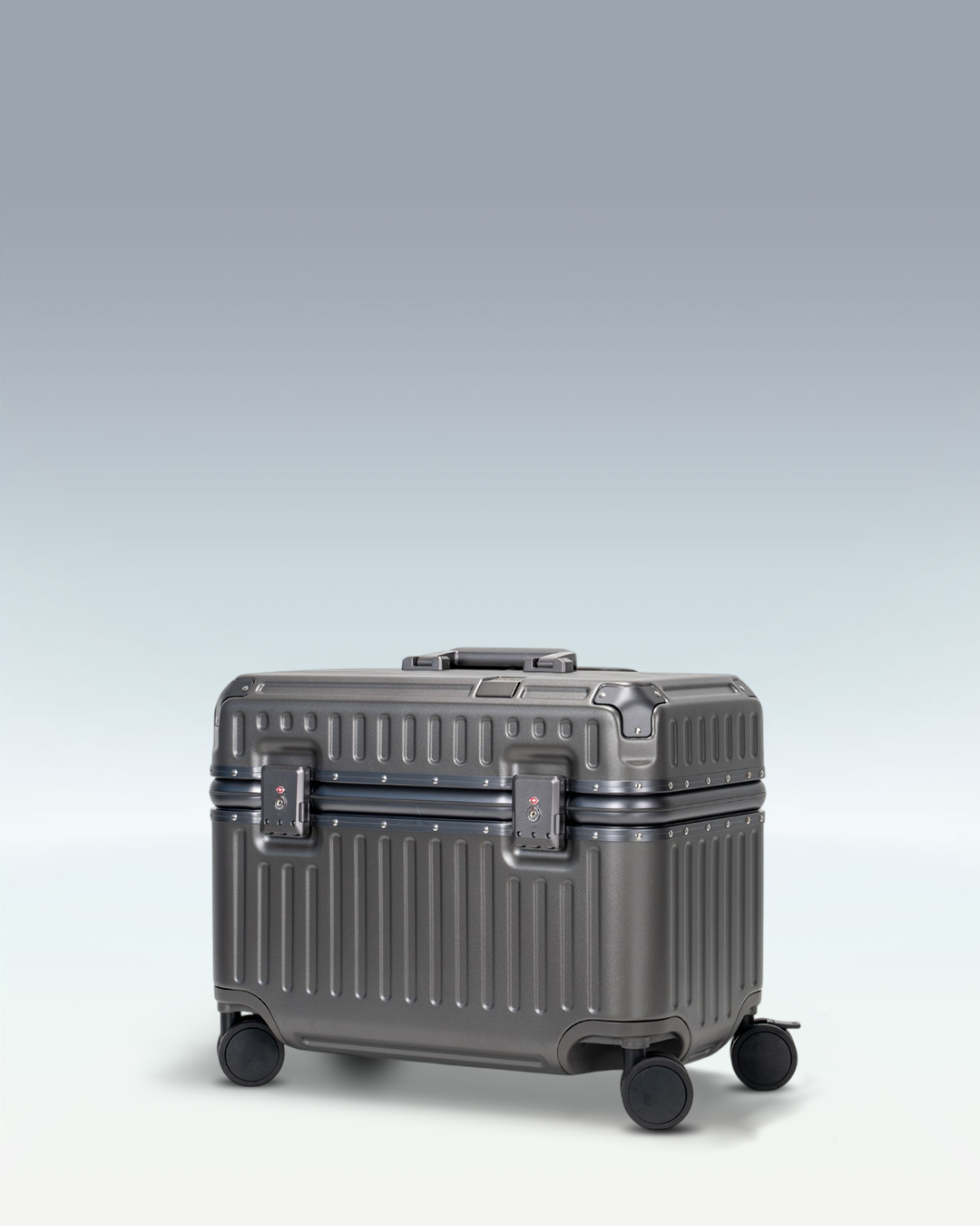 Portar Concord EdgeFrame pilot carry-on luggage in Dark Gull Gray, three-quarter front view