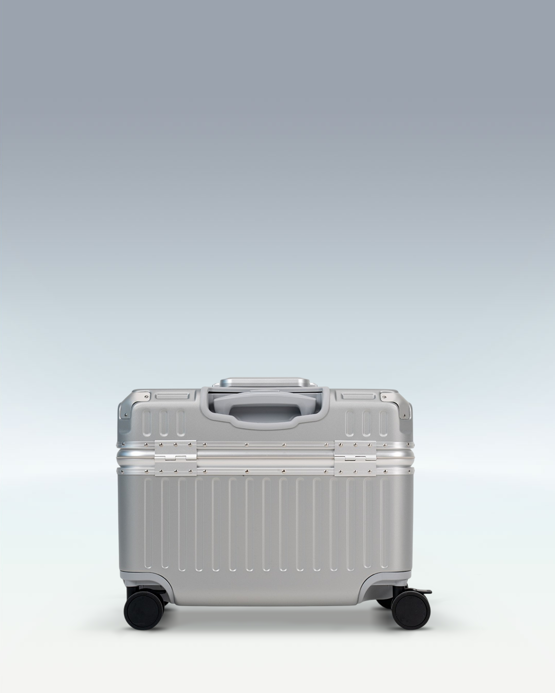 Portar Concord EdgeFrame pilot carry-on luggage in Lunar Silver, back view