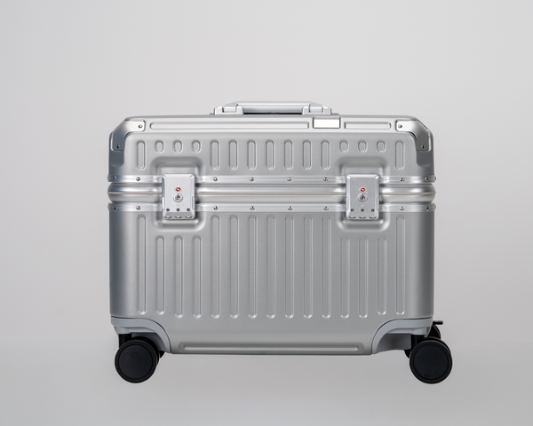Concord Lunar Silver Polycarbonate Shell with Aluminum EdgeFrame Top-Access Pilot Carry-On Suitcase Front View by Portar