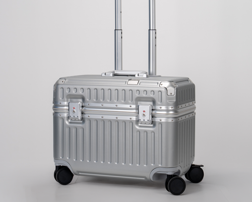 Concord Lunar Silver Polycarbonate Shell with Aluminum EdgeFrame Top-Access Pilot Carry-On Suitcase Perspective with Handle View by Portar