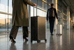 Two people with suitcases walking through an airport terminal.