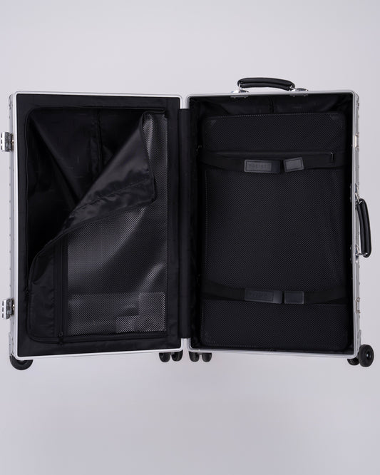 Portar Aluminum Carry on suitcase Open  with interior details with one side open on a white background