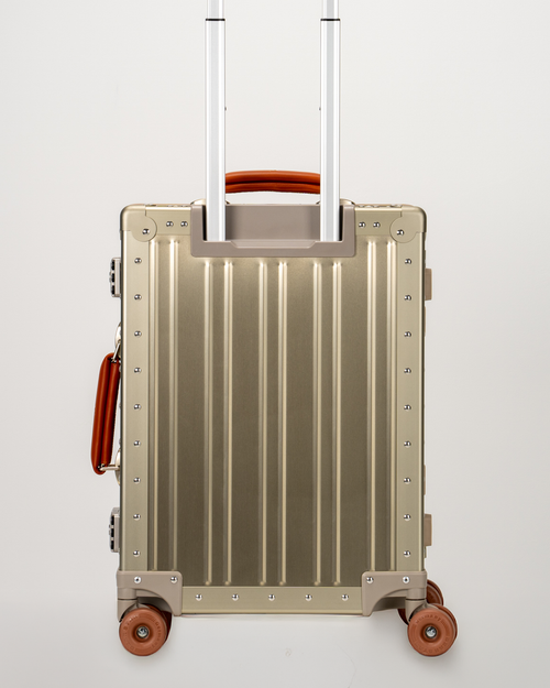Lucent Champagne Gold Aluminum Carry-On Back with Handle Front View by Portar
