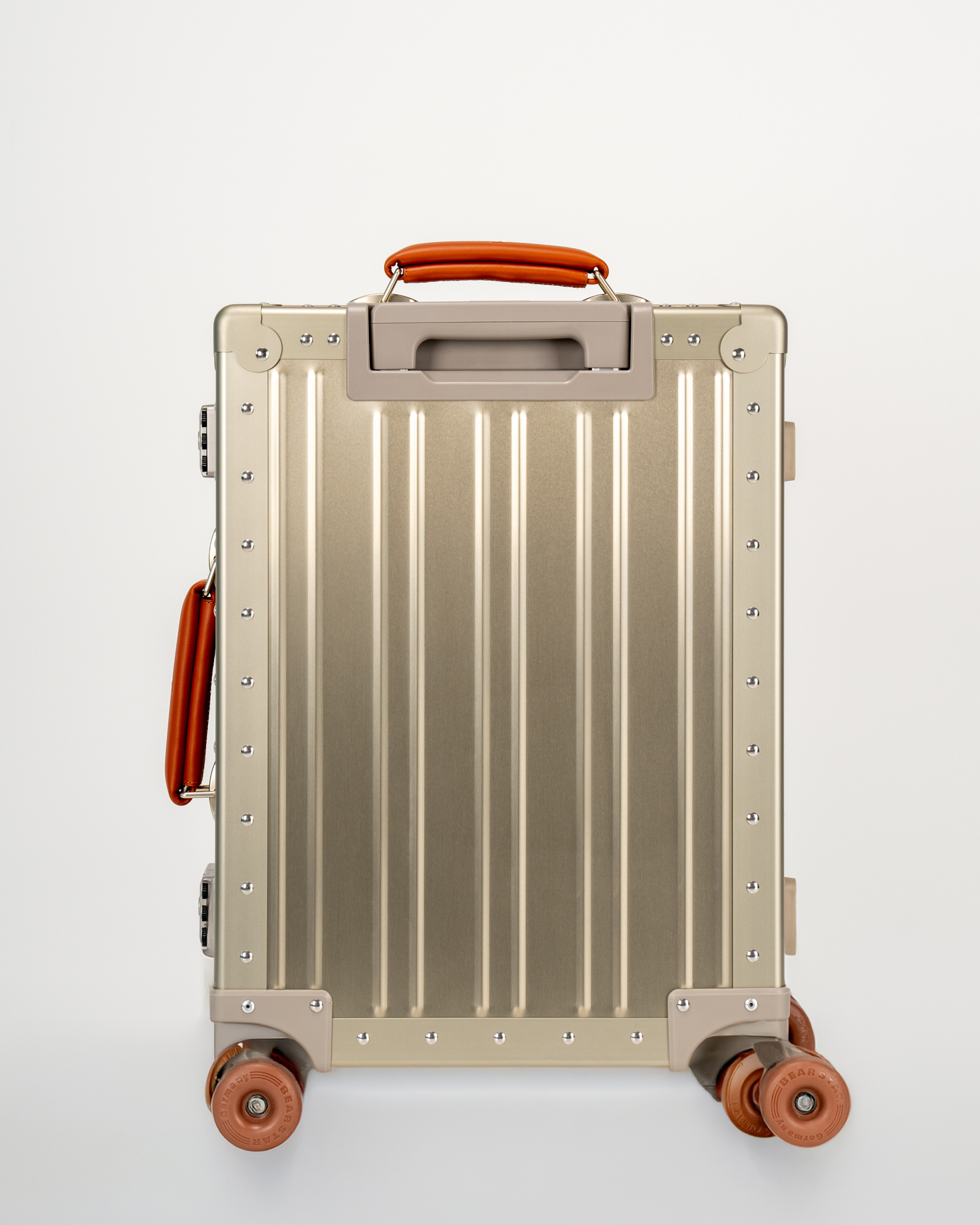 Lucent Champagne Gold Aluminum Carry-On Suitcase Back View by Portar