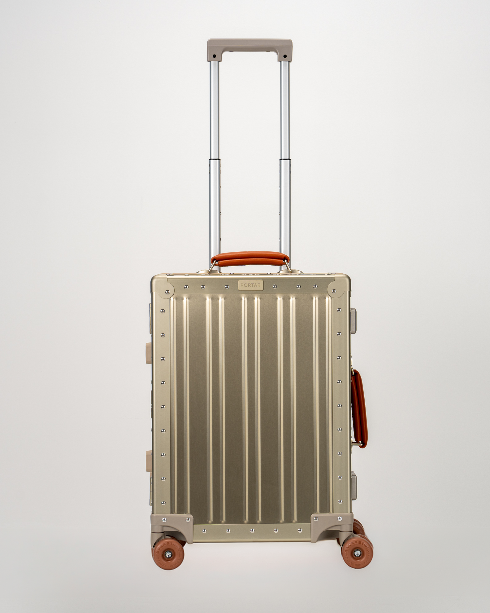 Lucent Champagne Gold Aluminum Carry-On Suitcase Front with Handle View by Portar