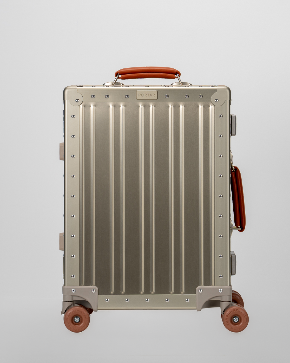 Lucent Champagne Gold Aluminum Carry-On Suitcase Front View by Portar