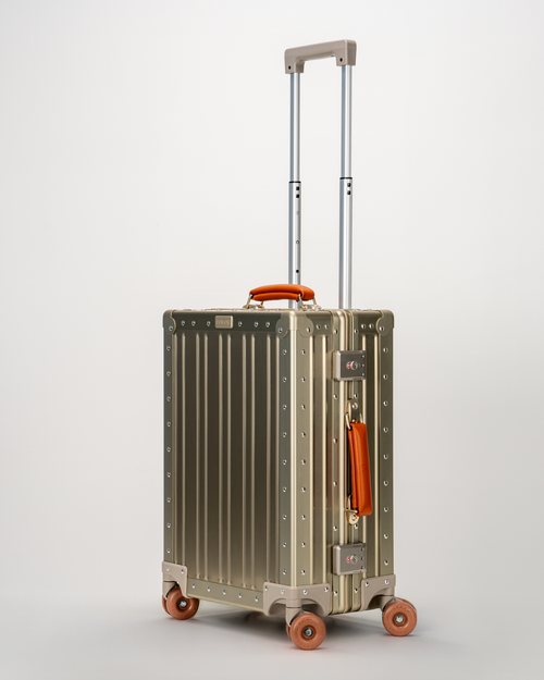 Lucent Champagne Gold Aluminum Carry-On Suitcase Perspective with Handle View by Portar