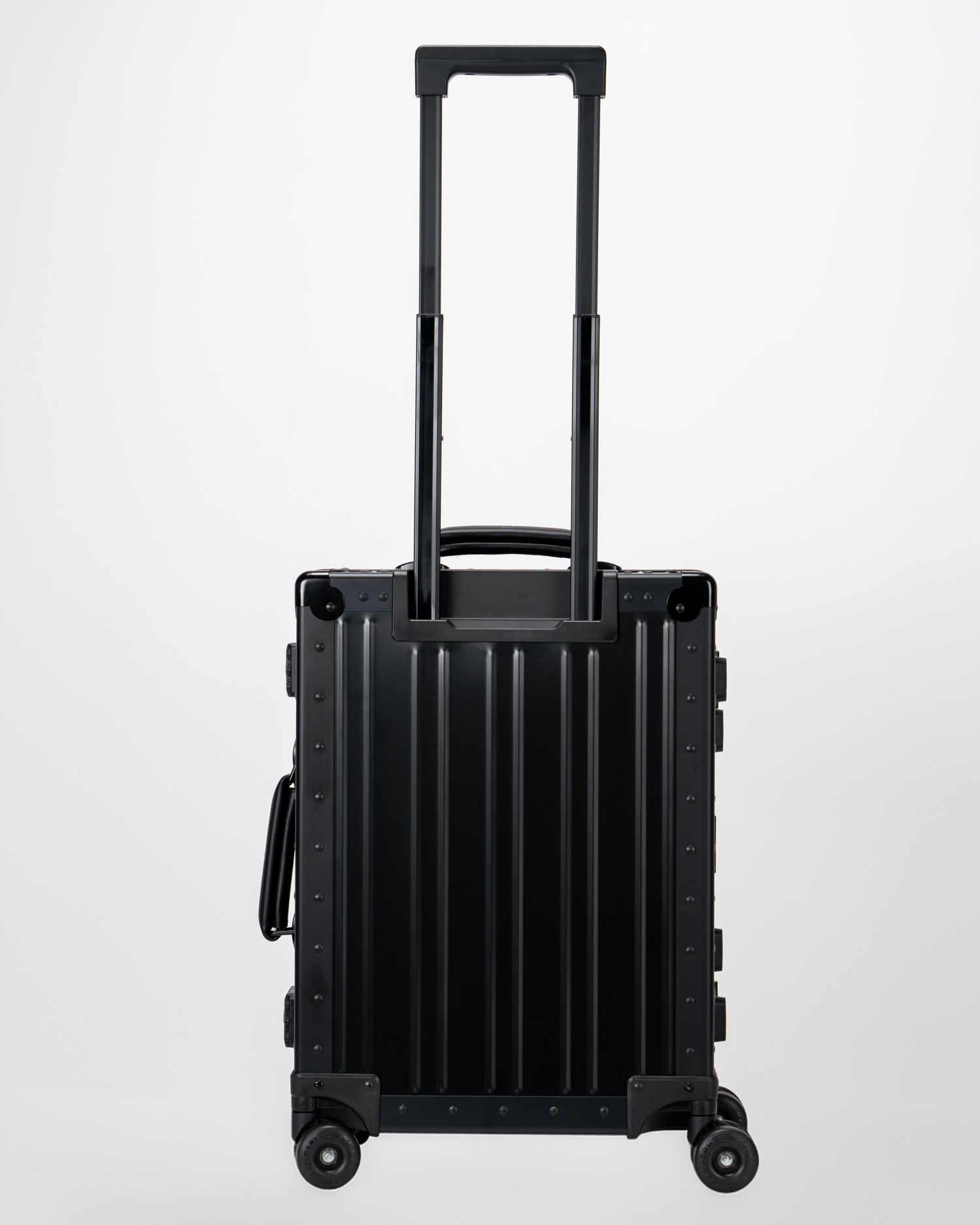 Lucent Jet Black Aluminum Carry-On Suitcase Back with Handle View by Portar