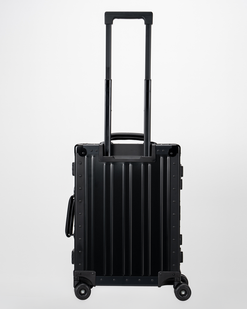 Lucent Jet Black Aluminum Carry-On Suitcase Back with Handle View by Portar