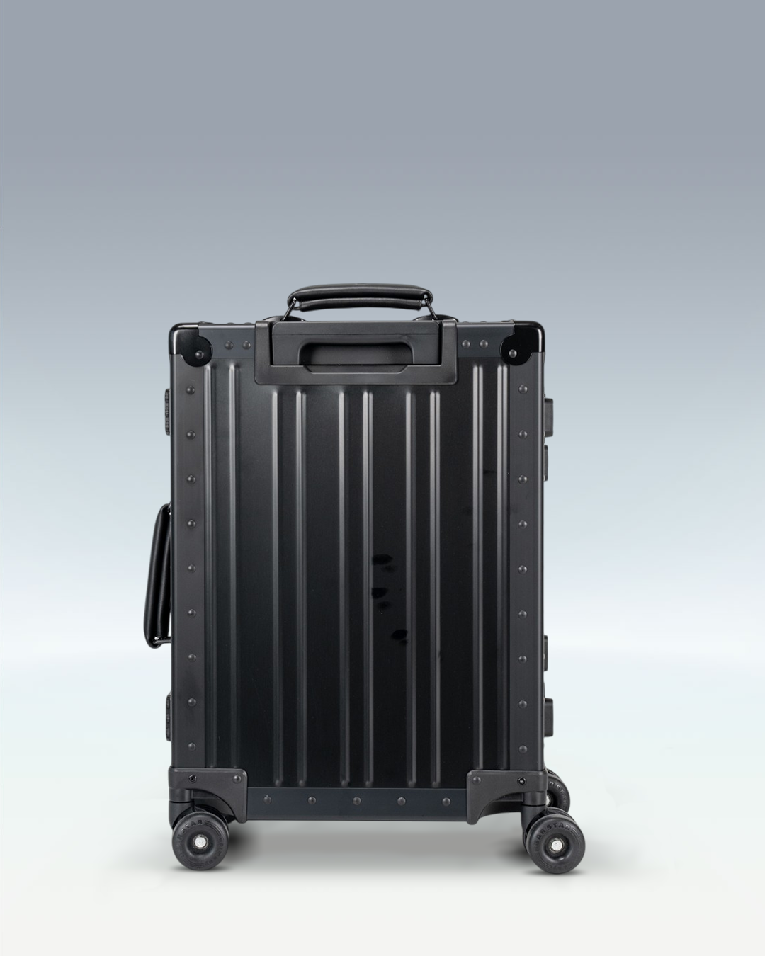 Portar Lucent aluminum carry-on luggage in Jet Black, back view