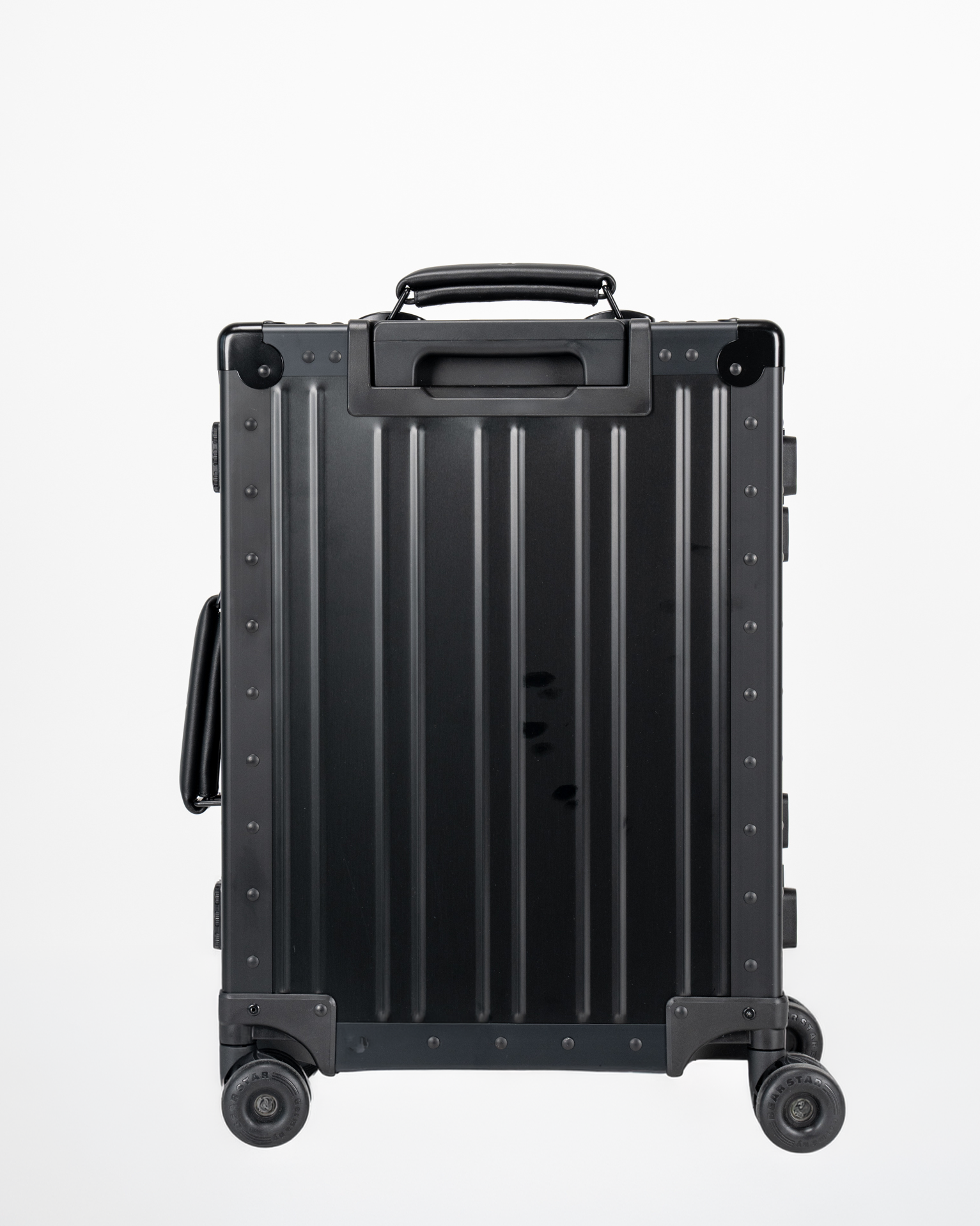 Lucent Jet Black Aluminum Carry-On Suitcase Back View by Portar