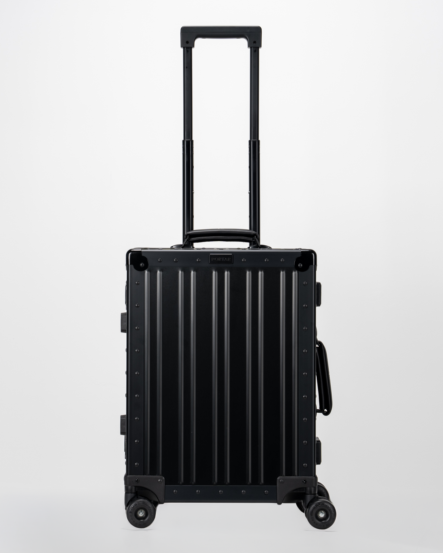 Lucent Jet Black Aluminum Carry-On Suitcase Front with Handle View by Portar