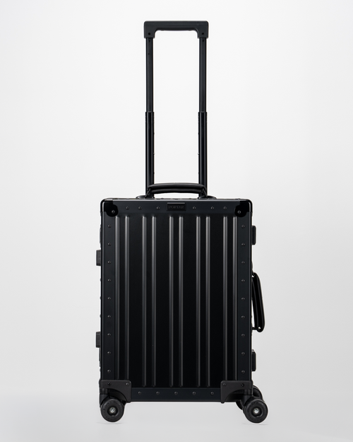 Lucent Jet Black Aluminum Carry-On Suitcase Front with Handle View by Portar