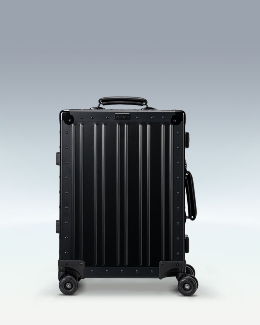 Portar Lucent aluminum carry-on luggage in Jet Black, front view