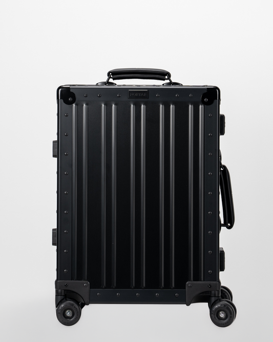 Lucent Jet Black Aluminum Carry-On Suitcase Front View by Portar